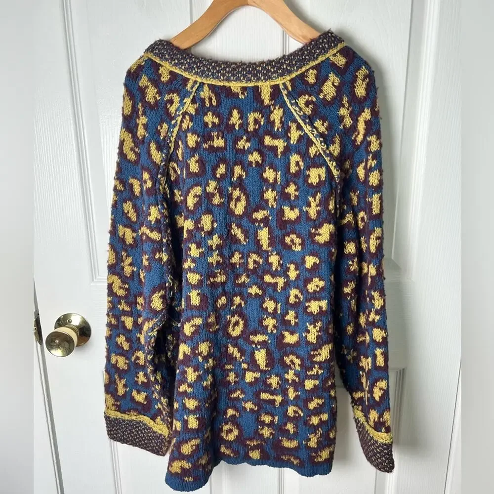 Free People Leopard Little Animal Pullover Crew Neck Sweater Blue Fig Combo XS